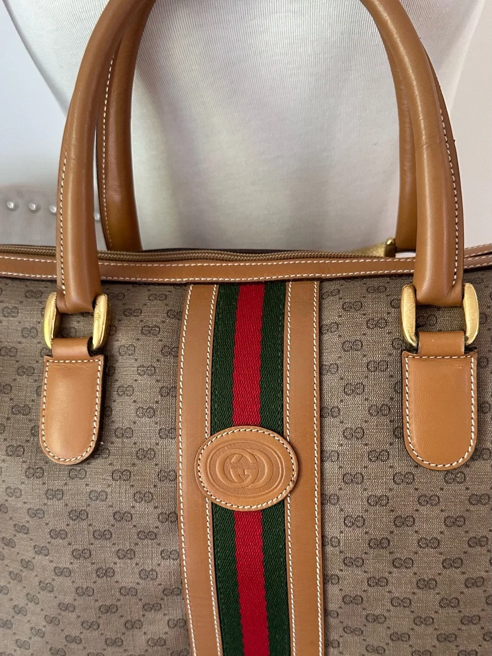Gucci Tan GG Supreme 2-Way Satchel Boston Bag w/Green-Red Web Stripe Vintage